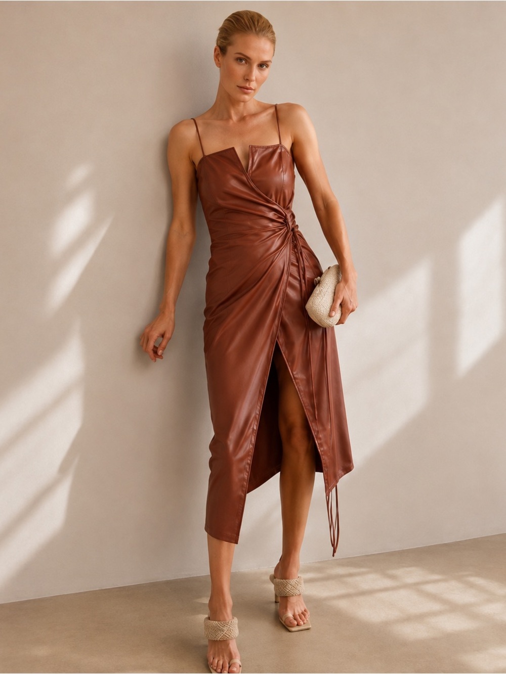 Nanushka Anubi Brick Vegan Leather Faux Leather
Wrap Midi Dress XS NWT
